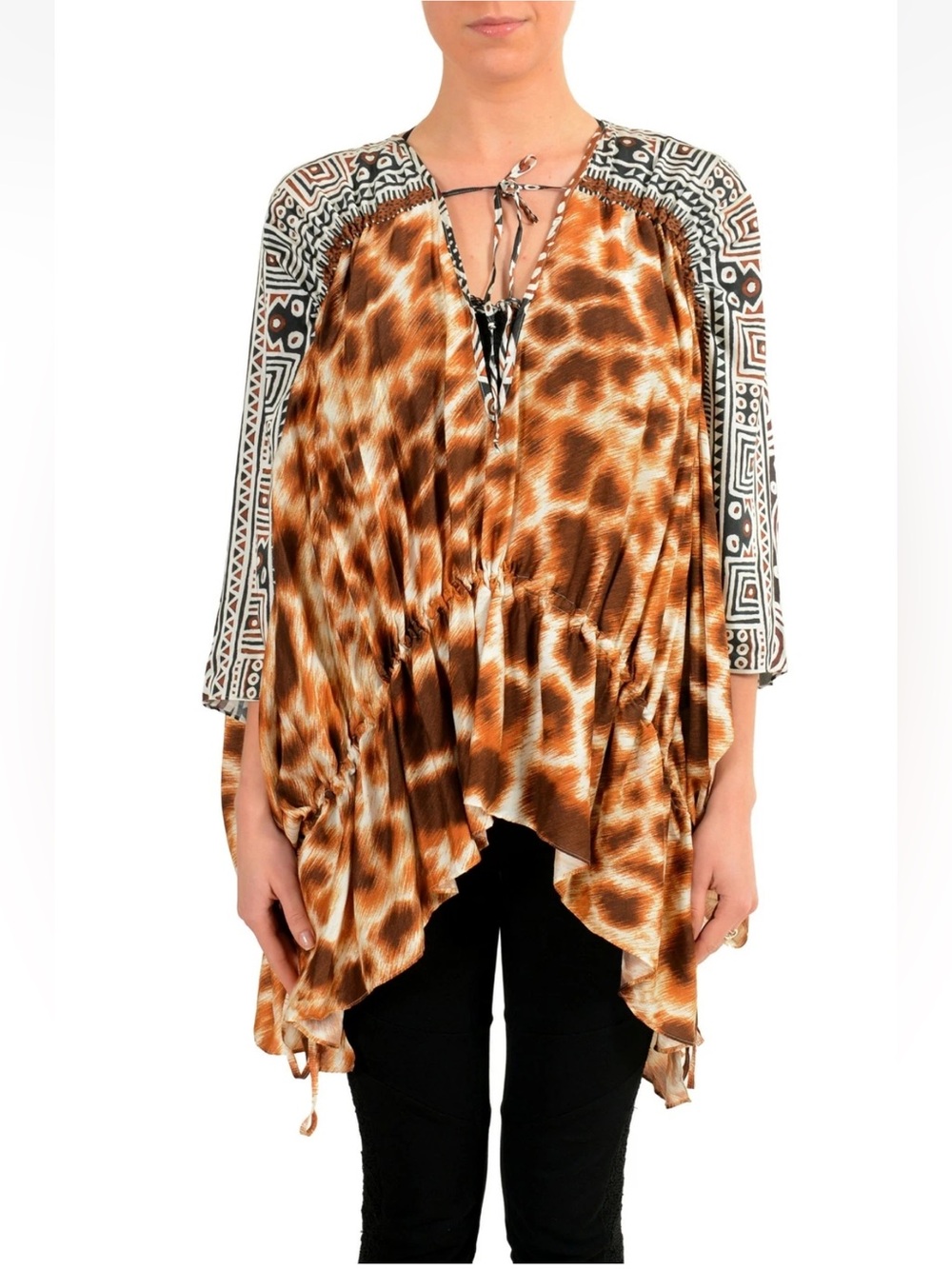 JUST CAVALLI Brown Animal Print V-Neck Tie Tunic with Patterned Sleeves M